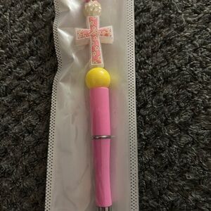 Hand Crafted Pink and Yellow Cross Charm Pen